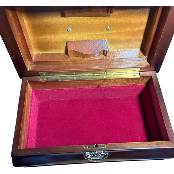 Vintage Korean 1989 Wooden Jewelry Box With Brass Hardware Red Velvet Lining - Picture 4 of 9
